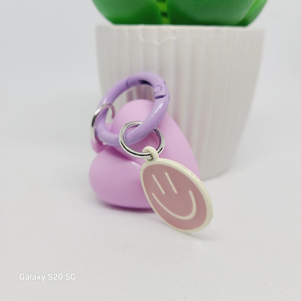 Lilac Heart Keychain w/ Smiley Face Charm Clip On Cute Fun Accessory